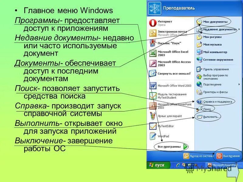 Главное меню Windows. Обязательного раздела главного меню.. Пункты главного меню Windows. Обязательные разделы главного меню Windows. Выполнить любой пункт