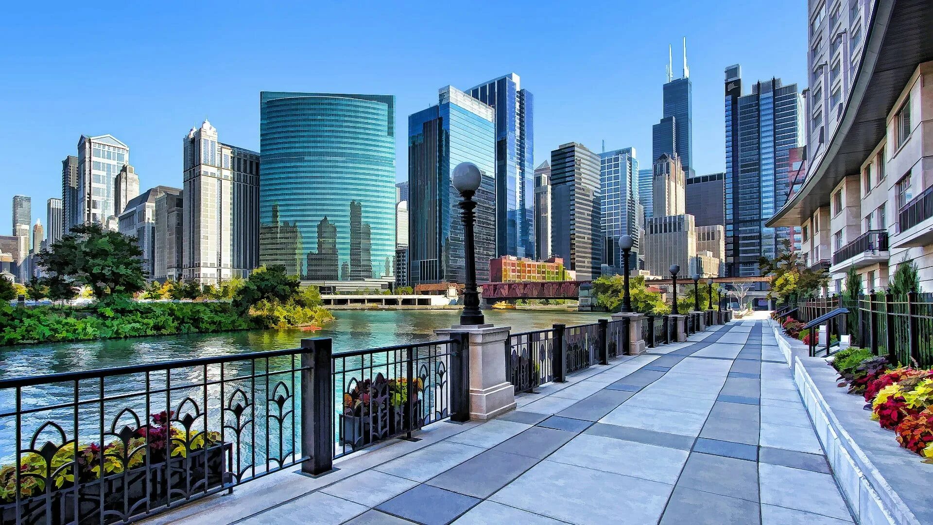 Набережная Нью-Йорка. Набережная: Chicago Riverwalk. Mary Bartelme Park, Чикаго, Иллинойс, США. Набережная Ист Ривер в Нью Йорке. Nature in the city is