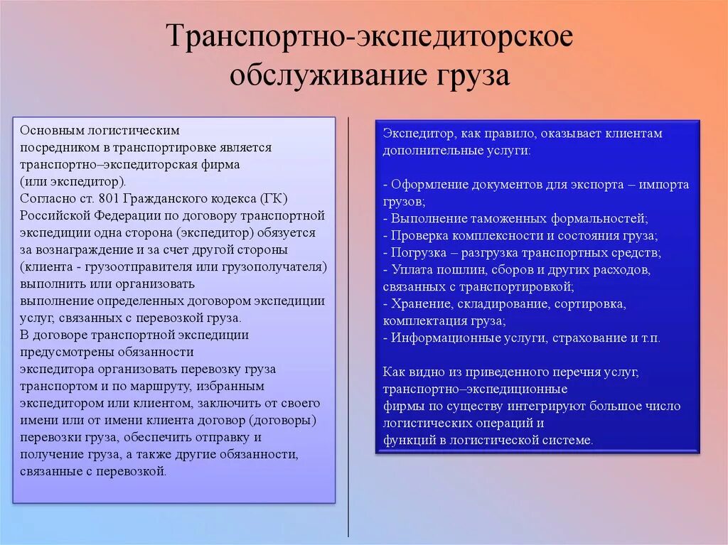 Транспортный договор гк рф. Транспортно-экспедиторское обслуживание грузов. Договор транспортно-логистических услуг. Договор перевозки и экспедиции. Виды договоров транспортной экспедиции.