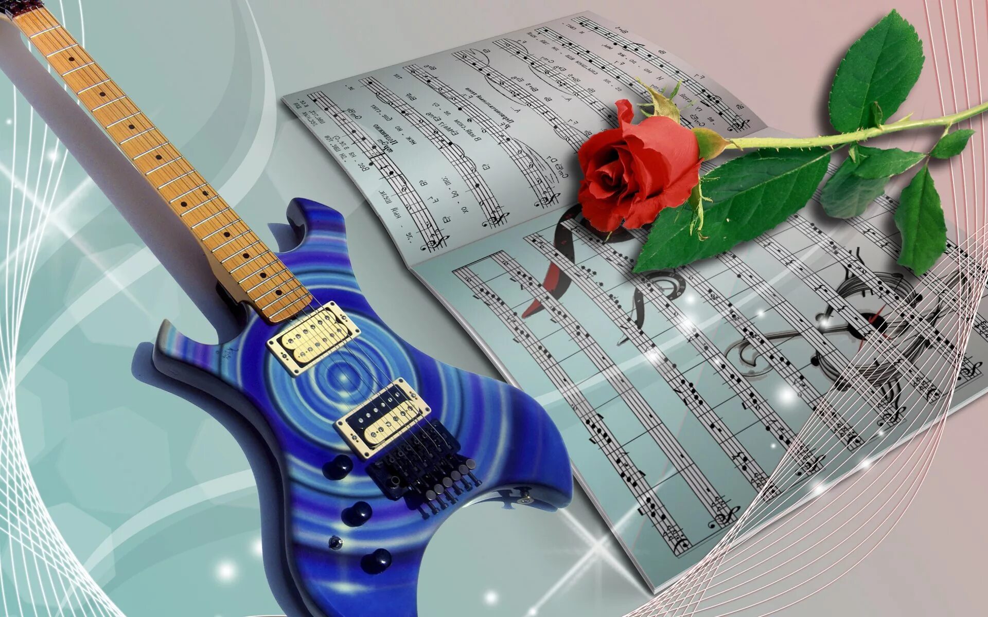 Электрогитара и цветы. Открытка с днём рождения мужчине музыканту. Поздравительная открытка для музыканта. Музыкальный фон. Ты самая красивая на гитаре