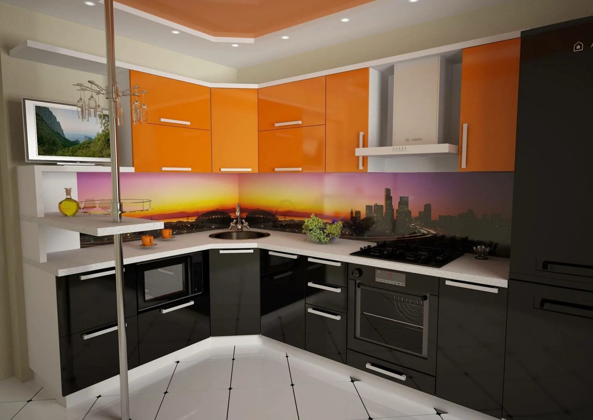 Интерьер угловой кухни. Угловые кухни. Оранжевая угловая кухня. Кухонный гарнитур оранжевый с черным.