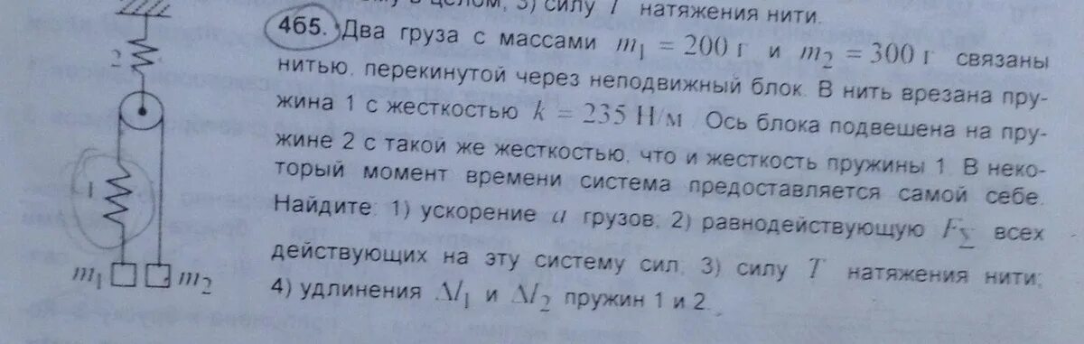 Определите массу второго груза. Блок перекинута нить пружина груз. Два груза на пружине. Задачи с БЛОКАМИ И пружинами. Груз с нитью и пружиной на блоке.