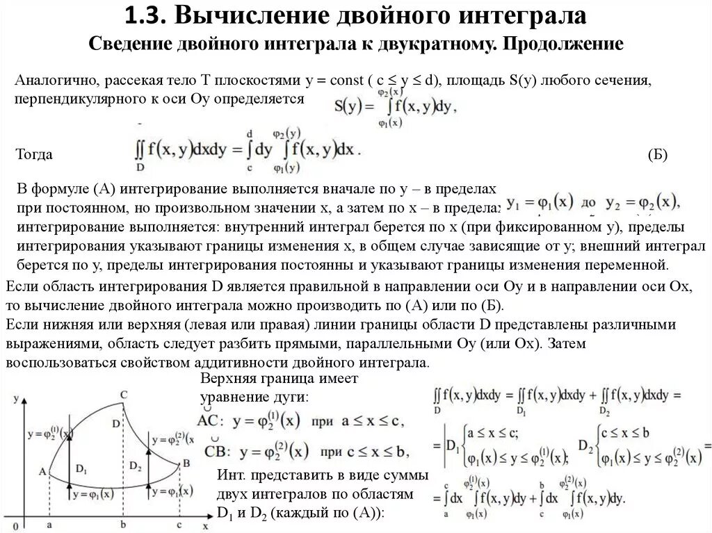 Двойные интегралы пределы интегрирования. Формула сведения двойного интеграла к повторному. Свести двойной интеграл к повторному. Вычисление двойных интегралов вычислить повторный интеграл. Двойной интеграл через область интегрирования.