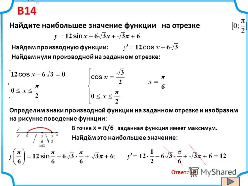 Найти наибольшее значение функции на множестве