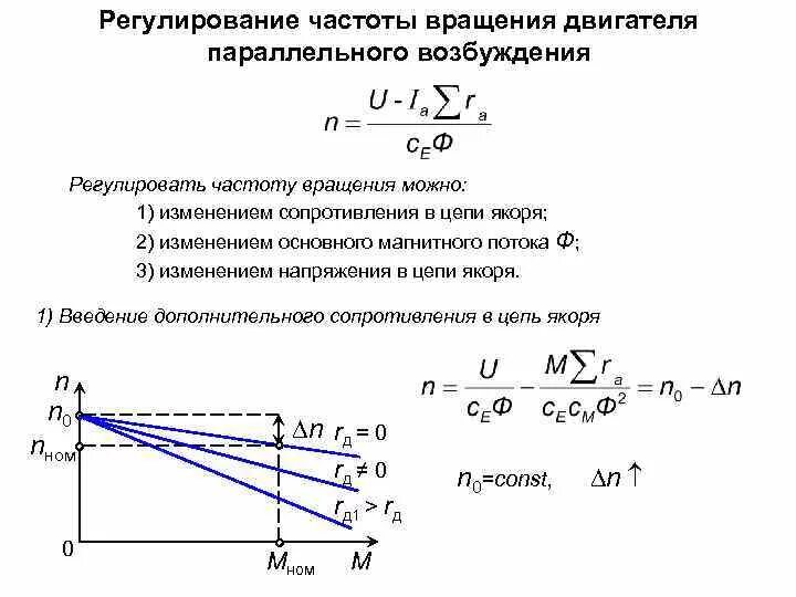 Частота вращения электродвигателя постоянного тока. Способы регулирования частоты вращения двигателя постоянного тока. Частота тока и частота вращения двигателя. Изменение магнитного потока двигателя постоянного тока. Изменение мощности с изменением сопротивления