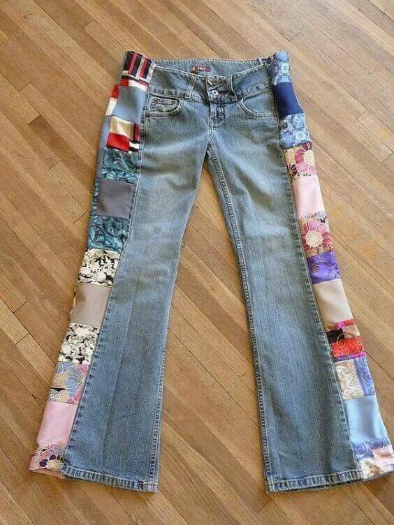 Patchworked Denim Bell Bottom Blues Jeans Pantalones reciclados, Pantalones de m