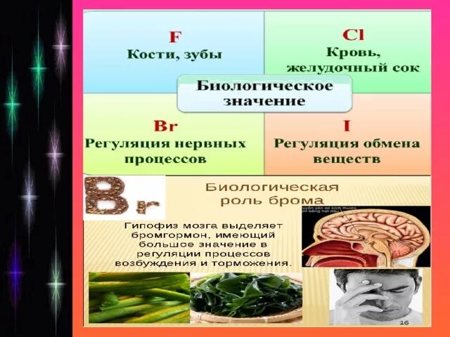 Биологическое значение и применение галогенов. Биологическая роль галогенов. биологическое значение галогенов. применение соединений галогенов. применение галогенов в медицине.