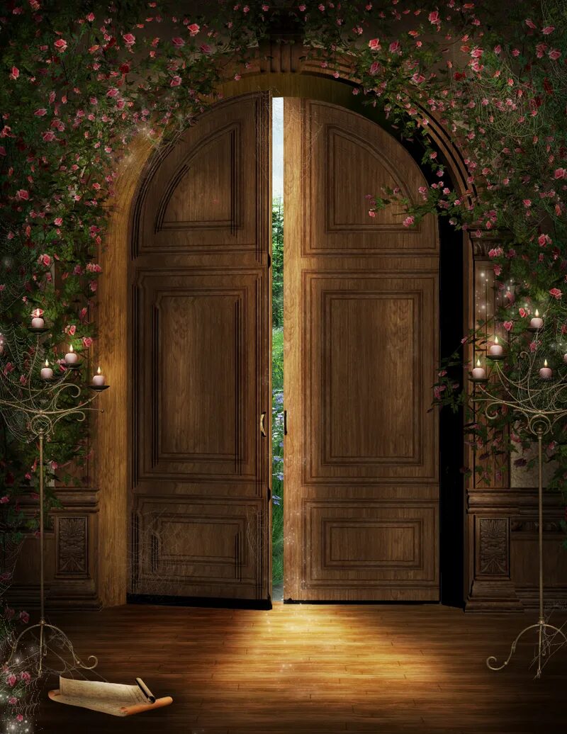 Открывающееся окно в двери. Открытая дверь. Дверь в сказку. Сказочная дверь. Дверь открывается.