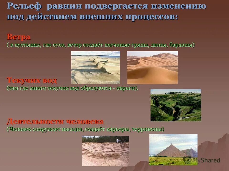 Как происходит изменение равнин. Рельеф равнин подвергается изменению под действием. хозяйственная деятельность на равнинах. формы рельефа созданные природой. формы рельефа созданные деятельностью человека.