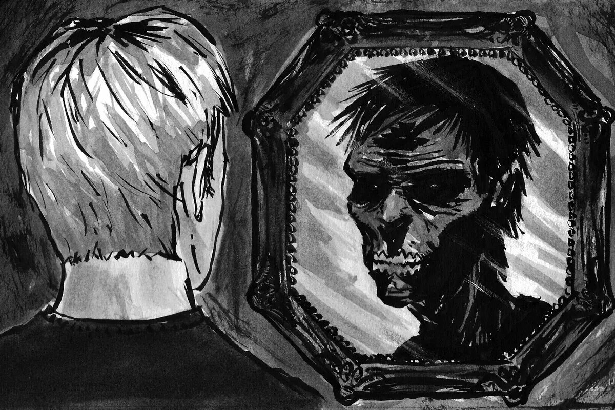Темный человек рассказ. Отражение в зеркале арт. Человек и зеркало арт. Человек перед зеркалом арт. Злое отражение в зеркале.
