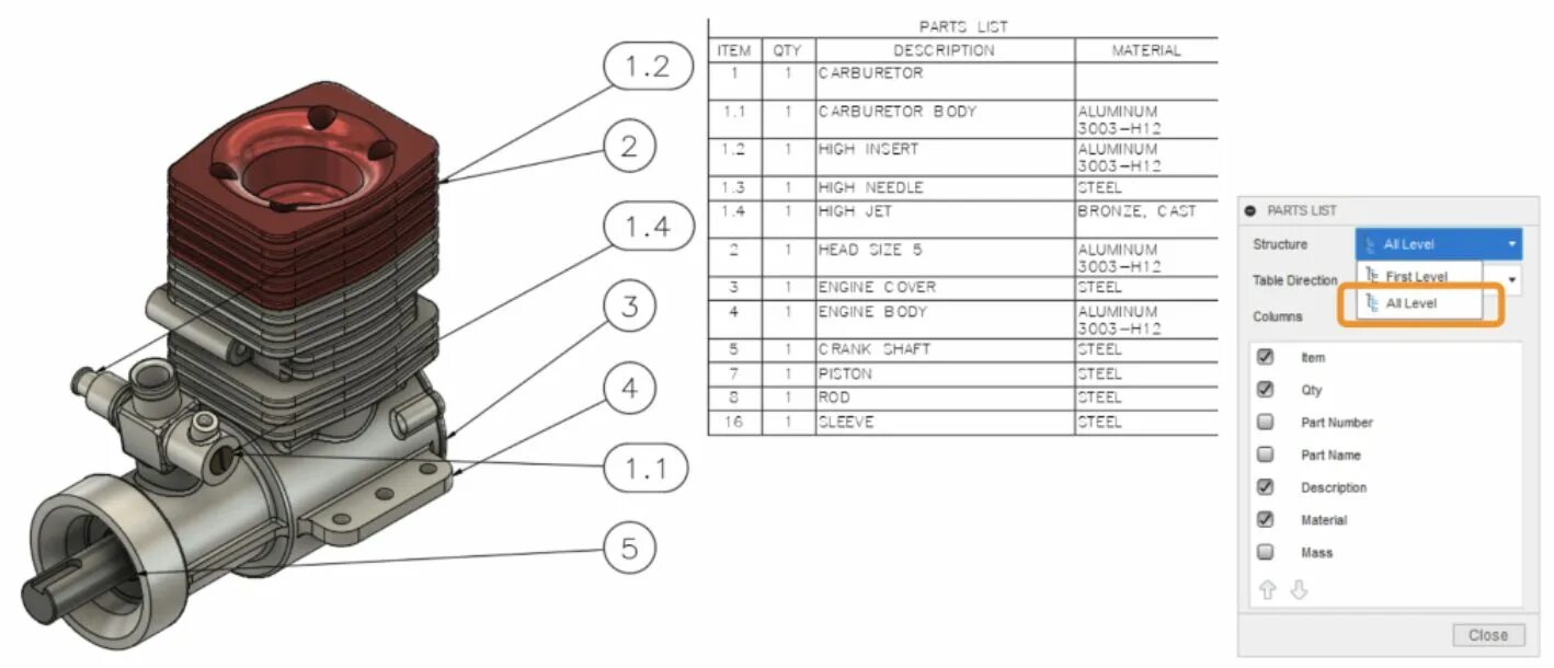 Part list. Level parts.