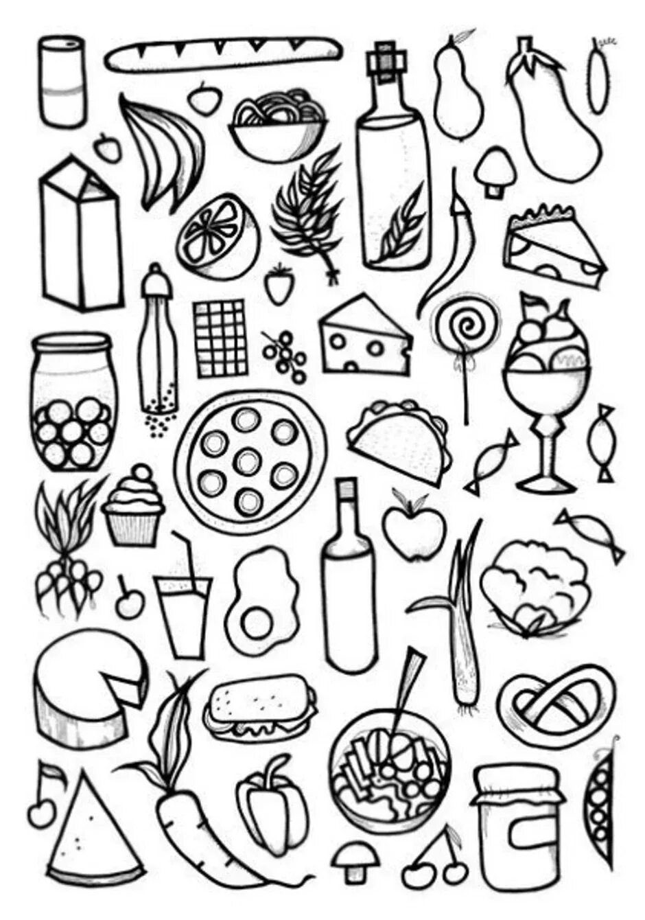 Картинки еды распечатать. Раскраска еда. Рисунки для распечатки еда. Много рисунков на одном листе для срисовки. Раскраска маленькая еда.