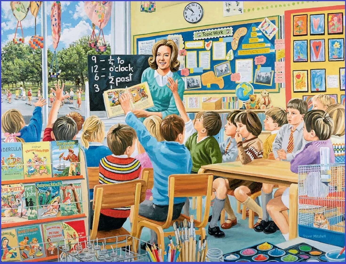 картина школа для детей. дети собирают пазлы в школе. снова в школу. пазл дом. картины художников о школе.