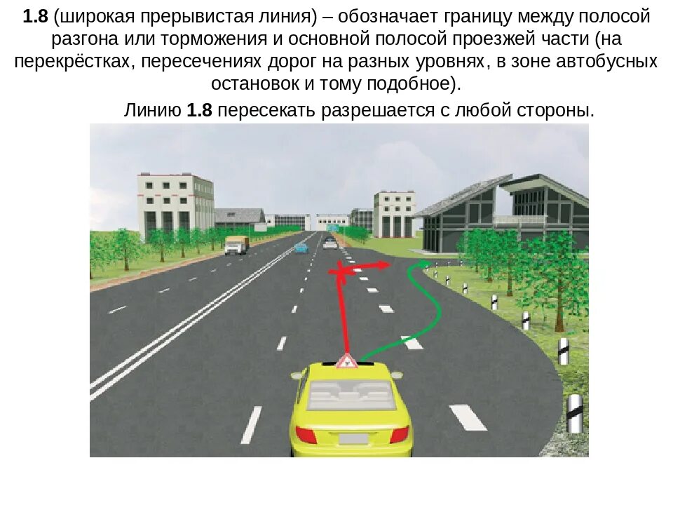 Полоса разгона и торможения разметка. Полоса торможения разметка 1.8. Разметка 1.8 пример. ПДД линия разметки 1.8. Что означает линии на дороге