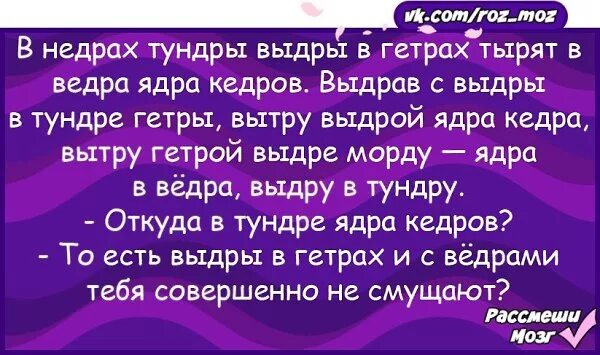 В недрах тундры выдры в гетрах тырят в вёдра ядра кедров. Выдры ядра кедров. Выдры в ведрах ядра кедров. Выдра в тундре скороговорка. Выдры ядра кедров.