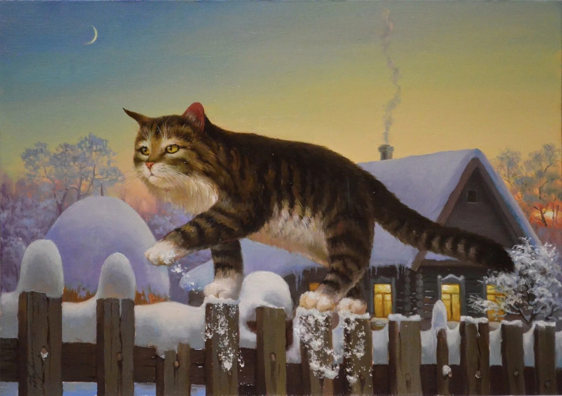 Кот вышел поляну и сладко. Кот живопись. кошки картины художников. кошка зима. зима кошка живопись.