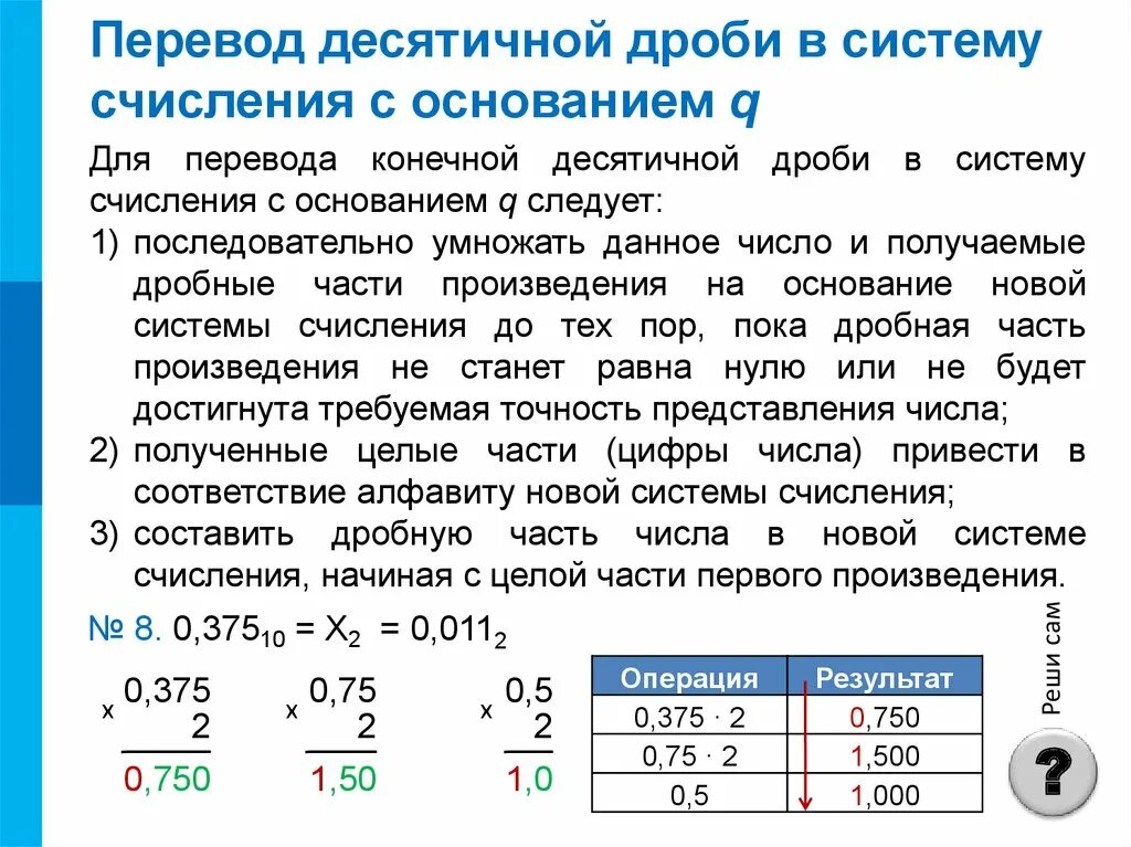 Представление информации в различных системах счисления. Переводить десятичную дробь в систему счисления с основанием. дроби в системах счисления. дробная система счисления. конечная десятичная дробь.