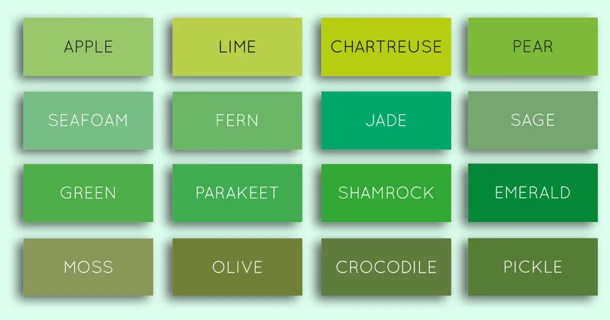 Shades of Green. Shades of Green with names. Types of Green. All Green Shades. Как переводится зелен