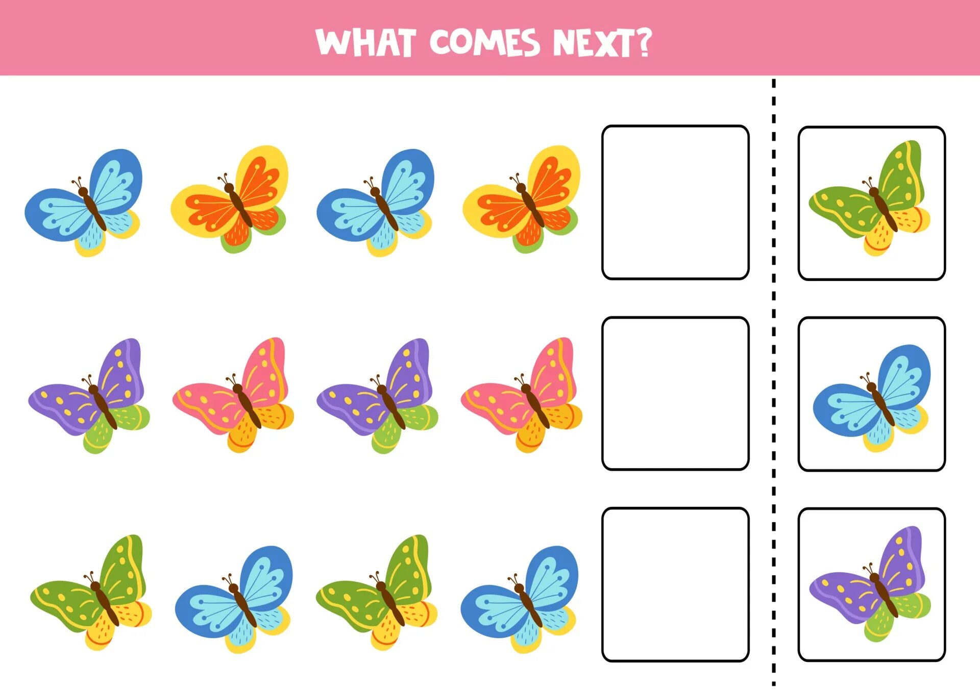 What comes next. Butterfly Worksheet. What comes next Worksheets. Butterfly Worksheet for Kids.