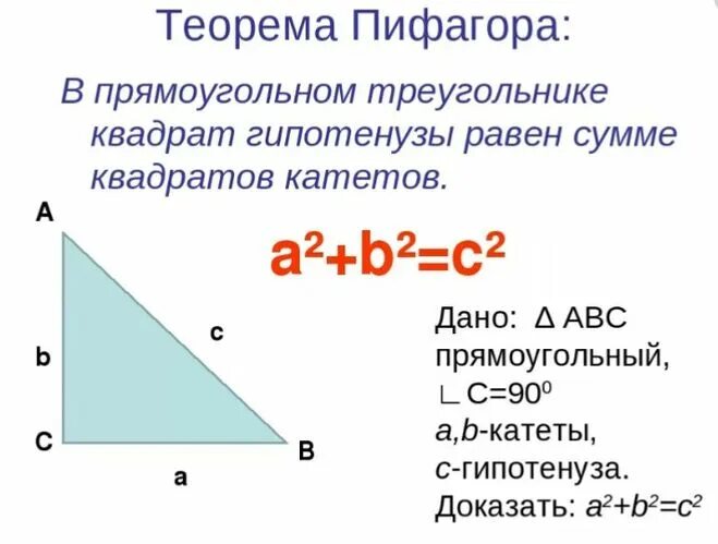 Гипотенуза равна произведению. Теорема Пифагора для прямоугольного треугольника. Теорема Пифагора гипотенуза. Теорема Пифагора формула прямоугольного треугольника. Теорема Пифагора в прямоугольном треугольнике решение.