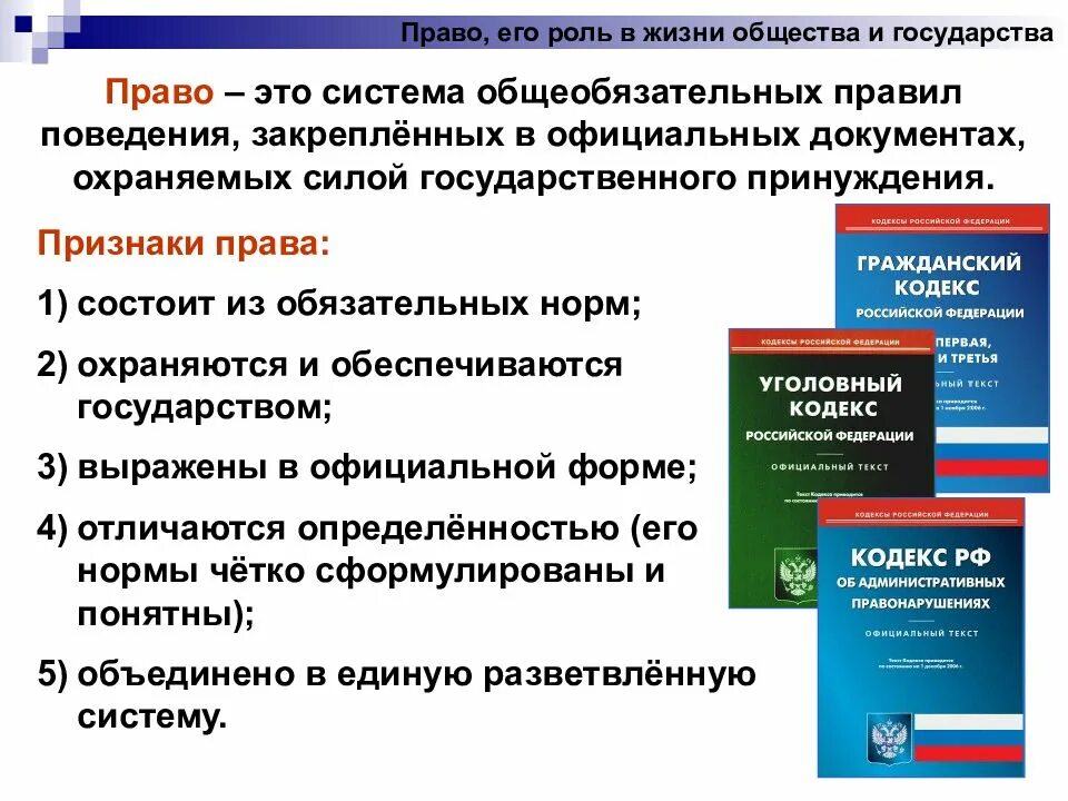 Право признаки Обществознание. Право в жизни государства его роль.