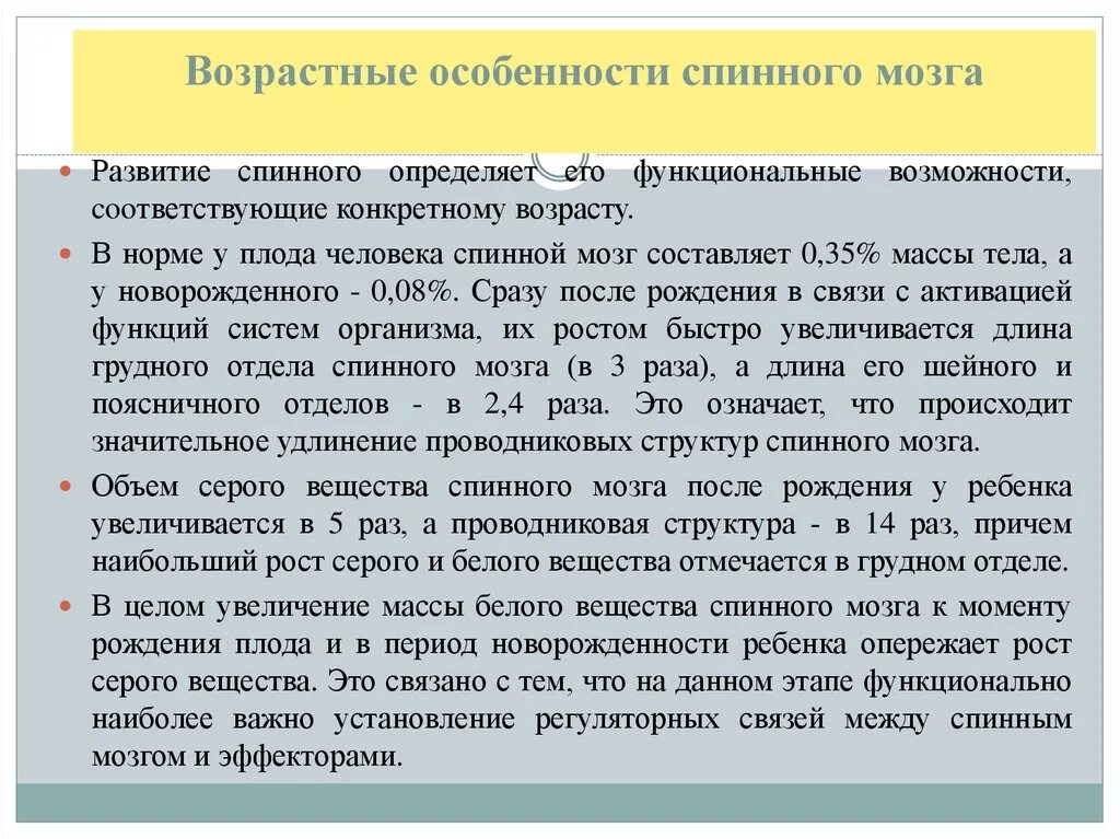 Возрастные особенности спинного мозга. Возрастные особенности головного и спинного мозга. Возрастные особенности спинного мозга человека. Возрастные особенности строения спинного мозга.