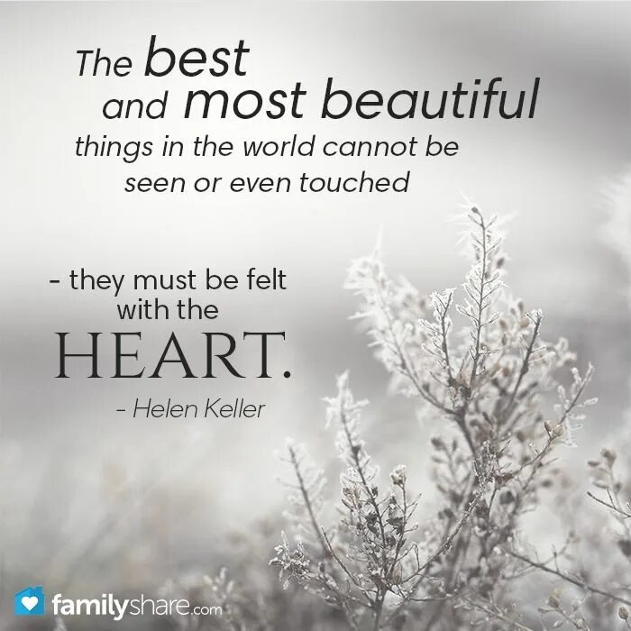 Beautiful things. "The best and most beautiful things in this World cannot be seen or even heard, but must be felt with the Heart.".