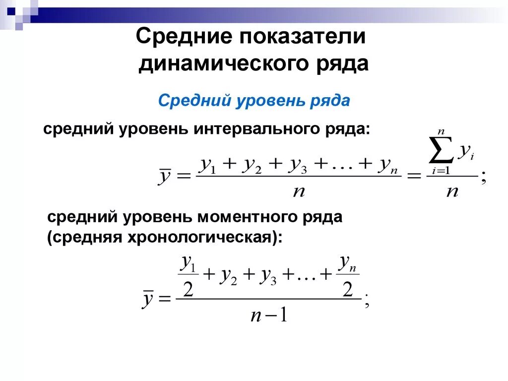 Изменение ряда. Средние показатели ряда динамики формулы. Средние показатели динамики уровней ряда. Средний уровень ряда динамики рассчитывается по формуле. Средний показатель ряда динамики формула.