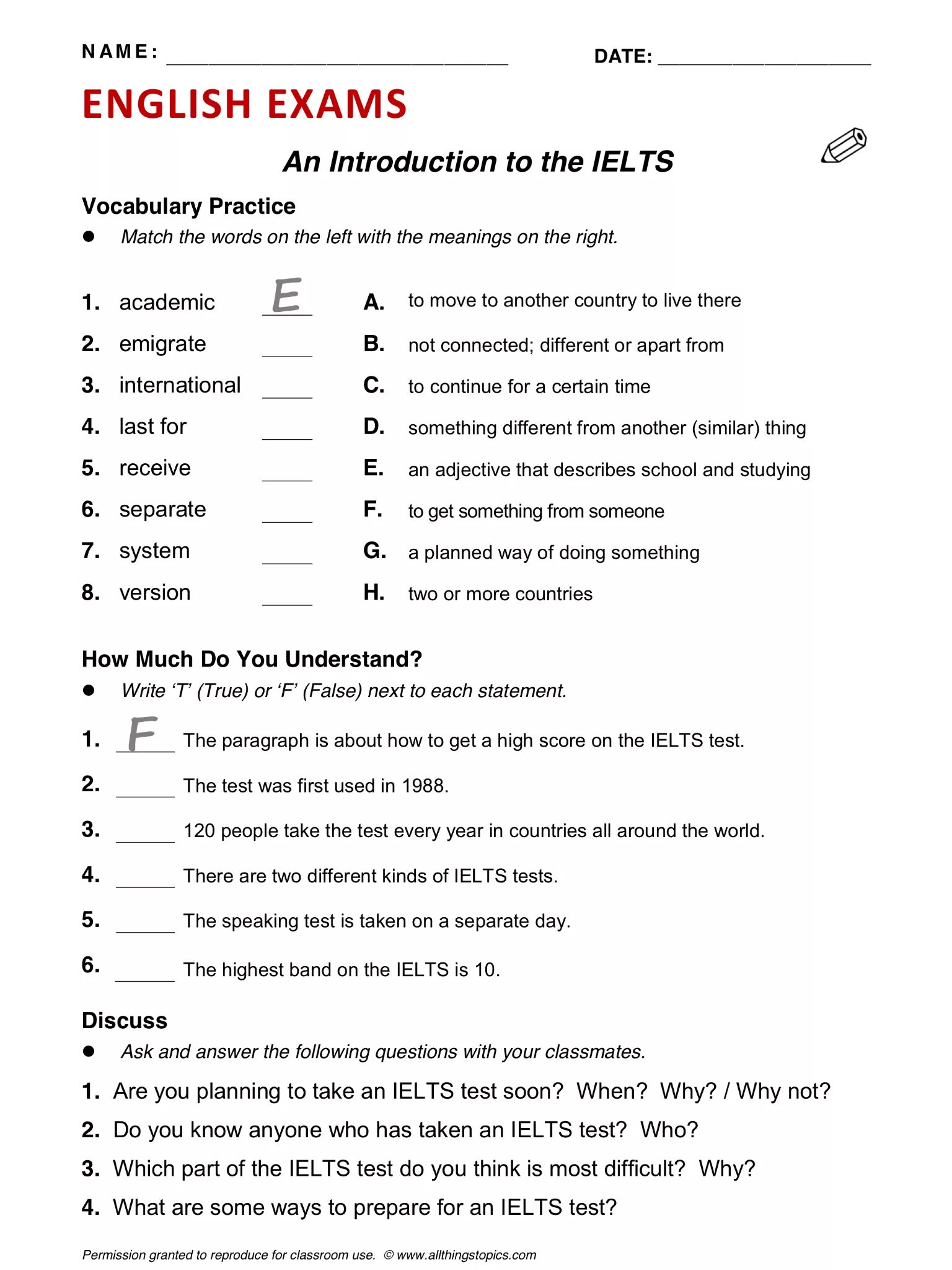 Exams vocabulary. Www.allthingstopics.com ответы. English Exam. Worksheets allthingstopics.