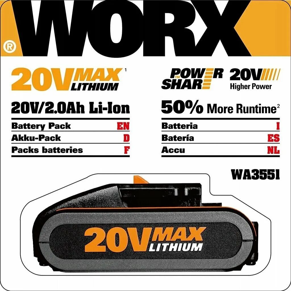 Worx аккумулятор купить. Аккумулятор Worx wa3551 20v. Аккумулятор 20в 2.0 Ач Worx wa3551. Worx wa3551, 2 Ач, 20 в универсальный. WA3551.1 аккумулятор для Worx.