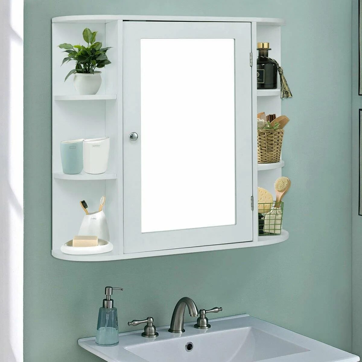 Зеркала ванной комнаты с полкой фото Decor Wonderland 31.5-in x 23.6-in Rectangular Framed Bathroom Mirror Wall mirro