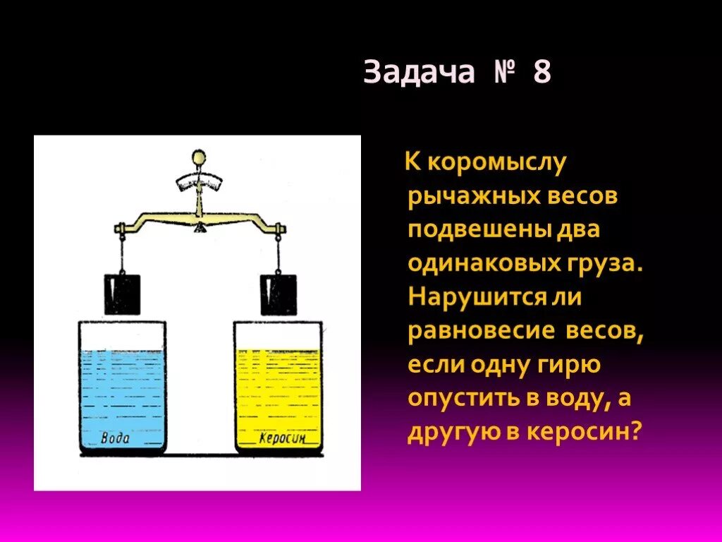 К коромыслу весов подвешены. Нарушится ли равновесие весов. К коромыслу весов подвешены два. Коромысло рычажных весов подвешены 2 одинаковых.