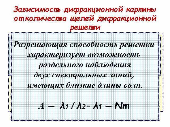 Число щелей дифракционной решетки. Разрешающая способность дифракционной решетки. Зависимость дифракционной картины от количества щелей. Разрешающая способность решетки.