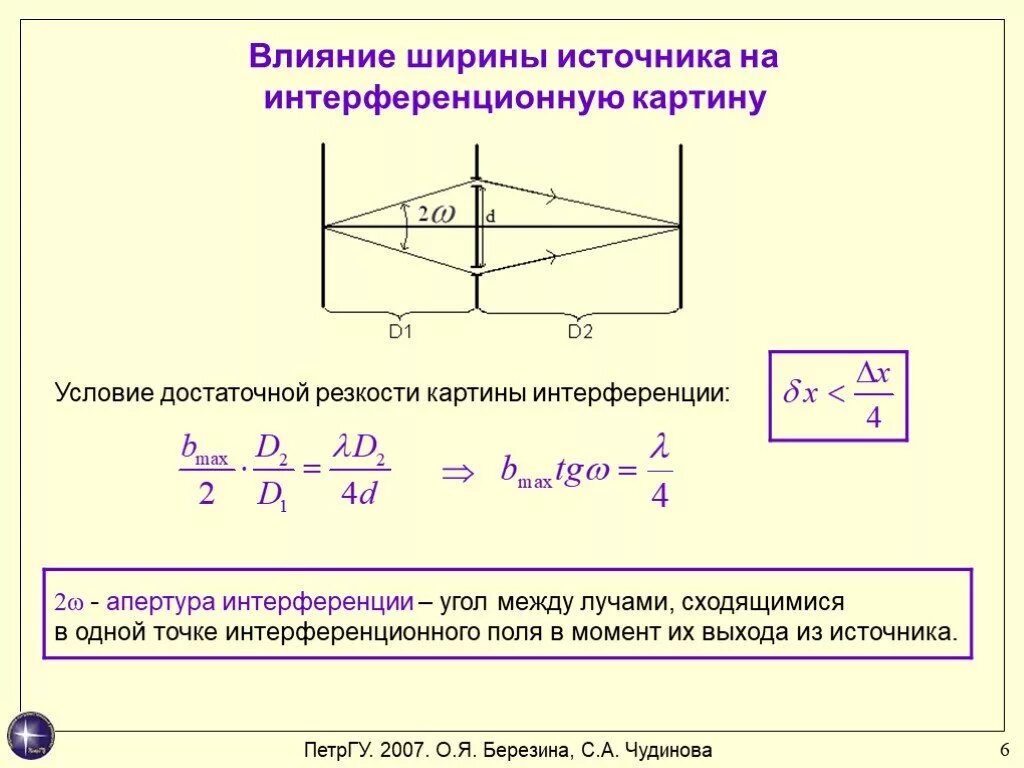 При каких условиях можно наблюдать интерференционную картину. Влияние размеров источника на интерференционную картину. Апертура интерференции. Влияние размеров источника на интерференцию. Видность интерференционной картины.