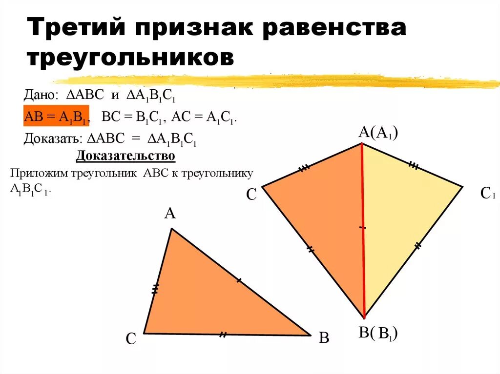 Третий признак треугольника 7. Доказательство третьего признака равенства треугольников. доказательство теоремы 3 признака равенства треугольников. докажите теорему 3 признак равенства треугольников. 3 признак равенства треугольников 7 класс доказательство и теорема.