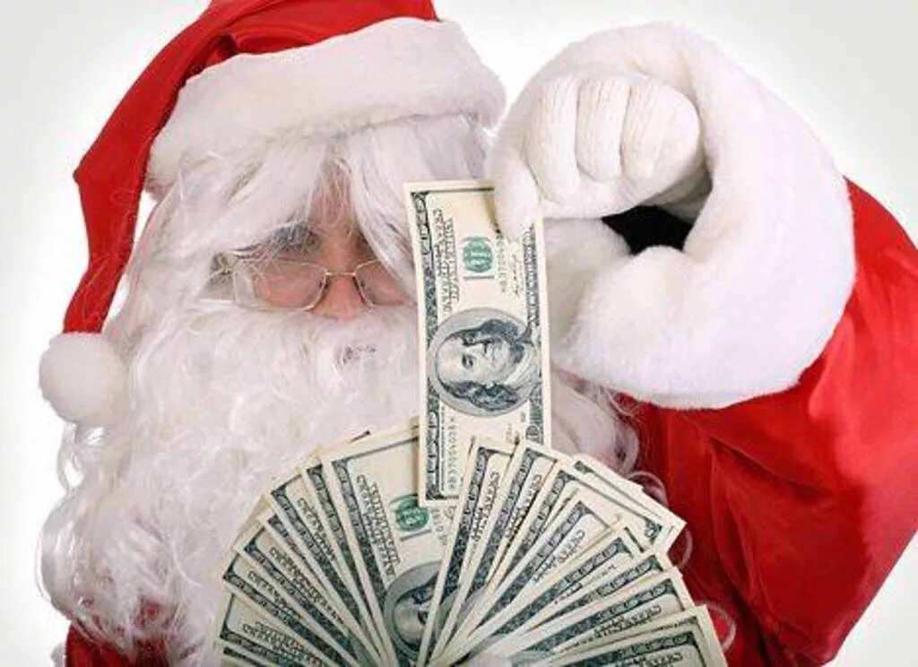 На чем зарабатывают на новый год. Новогодние деньги.. Новый год дед Мороз и деньги. Санта с деньгами. Дед Мороз богатство.