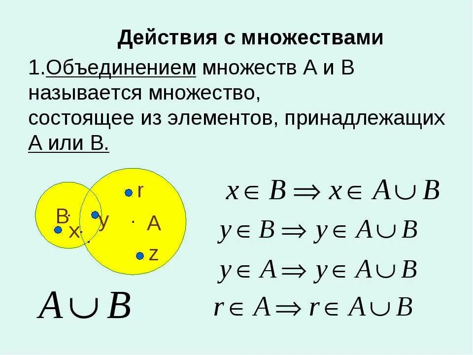 Действия с множествами. Объединением множеств а и в называется. Объединение множеств примеры с числами. Действия с множествами в математике объединение.