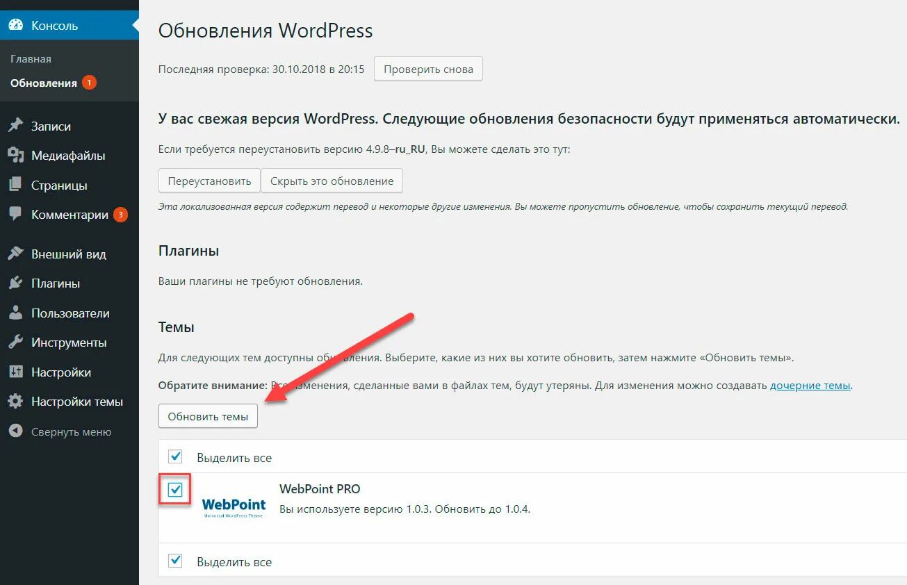 Как обновить wordpress. Темы вордпресс. WORDPRESS консоль. WORDPRESS обновление. Обновления плагинов.