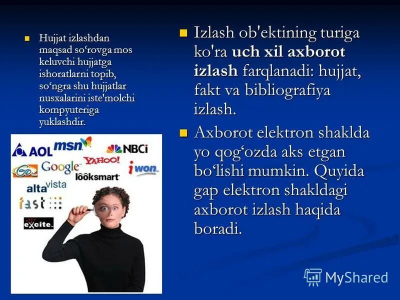 Qidiruv tizimlari haqida ma lumot. Axborot izlash. кидирув тизимлари. malumot izlash. ахборот тизимлари.