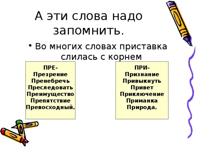 Слова с приставкой надо. Слова с при которые надо запомнить. Слияние приставки и корня. Пре при которые надо запомнить. Какое слово нужно запомнить