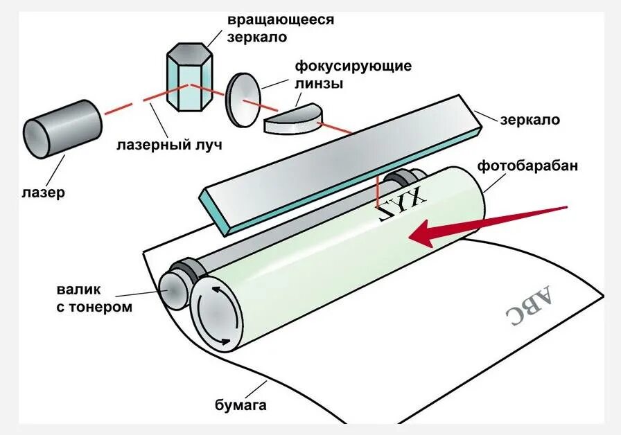 Принцип действия лазерного принтера. Принцип работы лазерного принтера схема. Принцип печати лазерного принтера. Принцип работы лазерных принтеров принтеров схема.