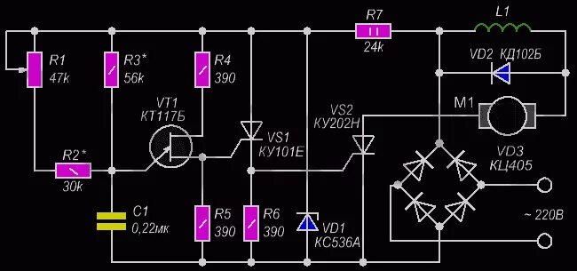 Схема регулятора оборотов двигателя постоянного тока на тиристорах. Тиристорный регулятор двигателя постоянного тока схема. Схема регулятора оборотов коллекторного двигателя 220в на тиристоре. Схема регулятора оборотов коллекторного двигателя 220в на симисторе.
