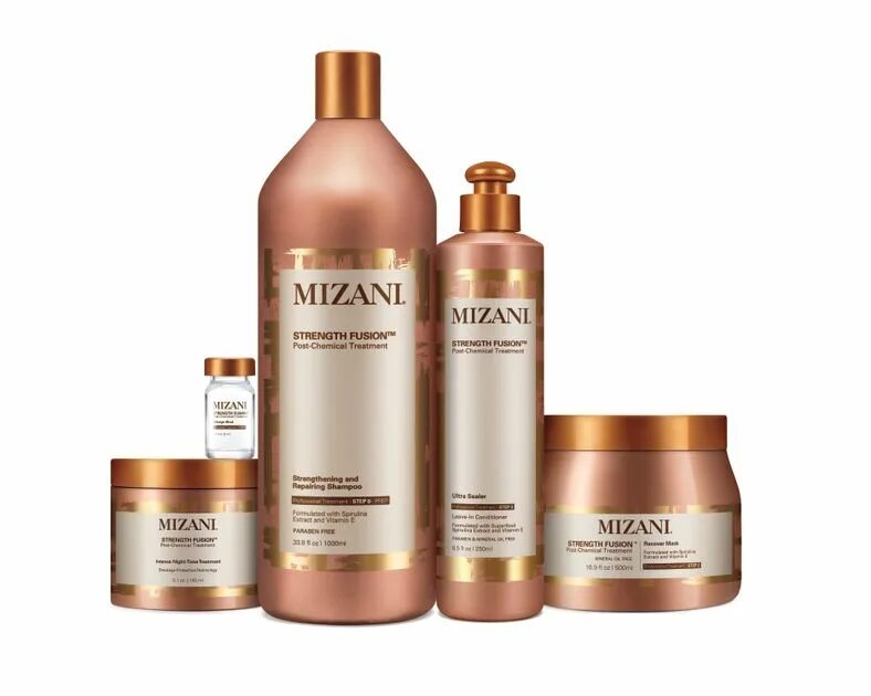 Hair products. Mizani. Hair breakage treatment. Mizani logo.