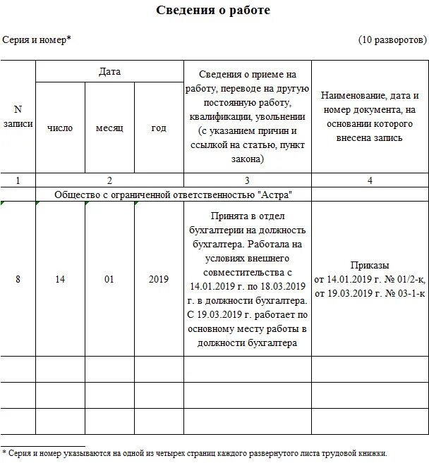 Запись в трудовую увольнение совместителя. Запись в трудовой книге при переводе на основное место работы. С совместительства на основную работу запись в трудовой. Запись в трудовой книжке при переводе по основному месту работы. Перевод с совместительства на основную запись в трудовой книжке.