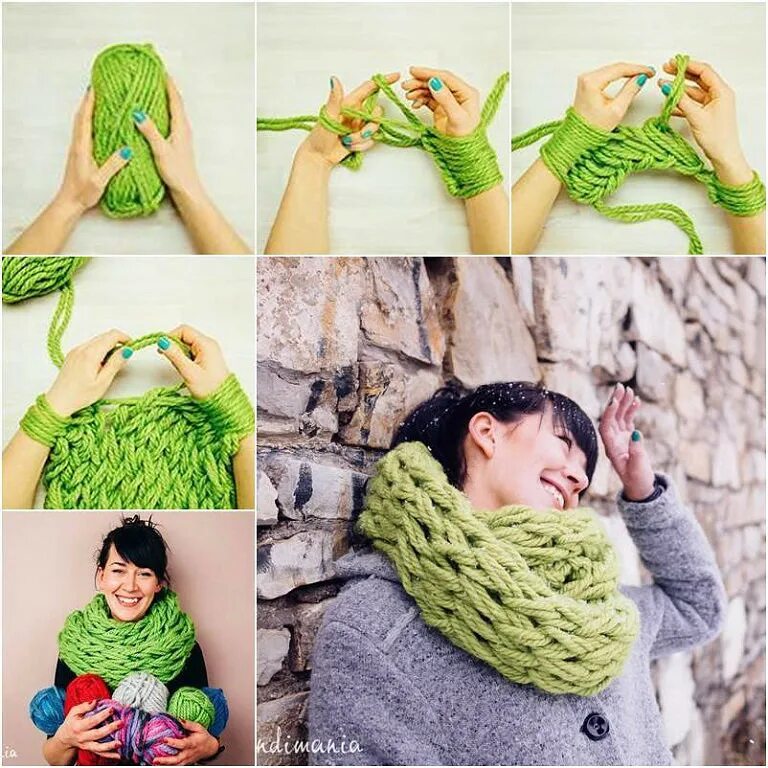 Вязание руками. Необычные вязаные шарфы. Снуд руками без спиц. Шарф снуд руками.