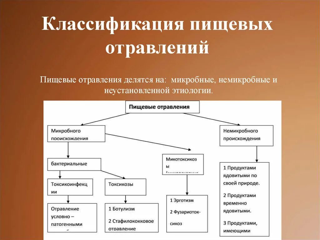 Группа пищевых заболеваний. Классификация пищевых отравлений схема. Классификация немикробных отравлений. Пищевая токсикоинфекция классификация. Классификация пищевых бактериальных отравлений.