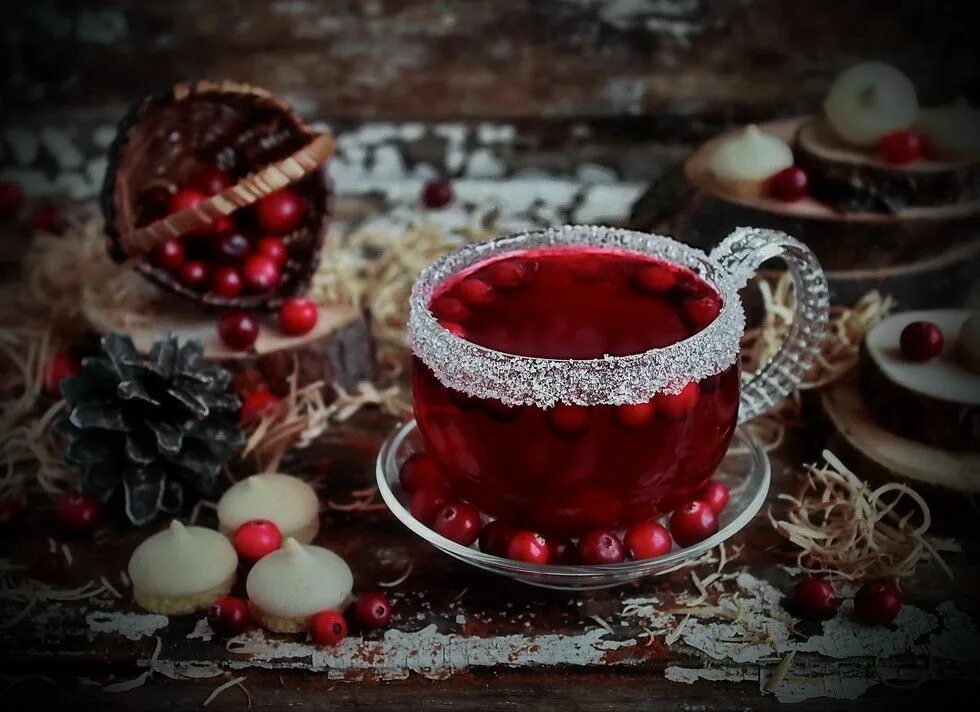 Чай зимний. Чай с ягодами. Чай с клюквой. Новогоднее чаепитие.