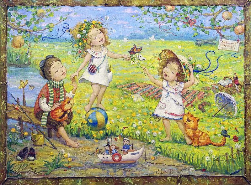 Дети в стране детства. Художник Катя Дудник. Лето иллюстрация для детей.