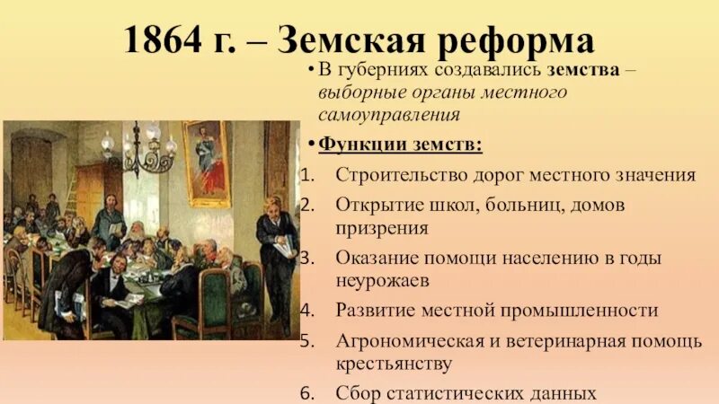 Введение земских собраний и управ. Роль земства в 1864. функции земских органов 1864. функции земств 1864. земские выборные органы.