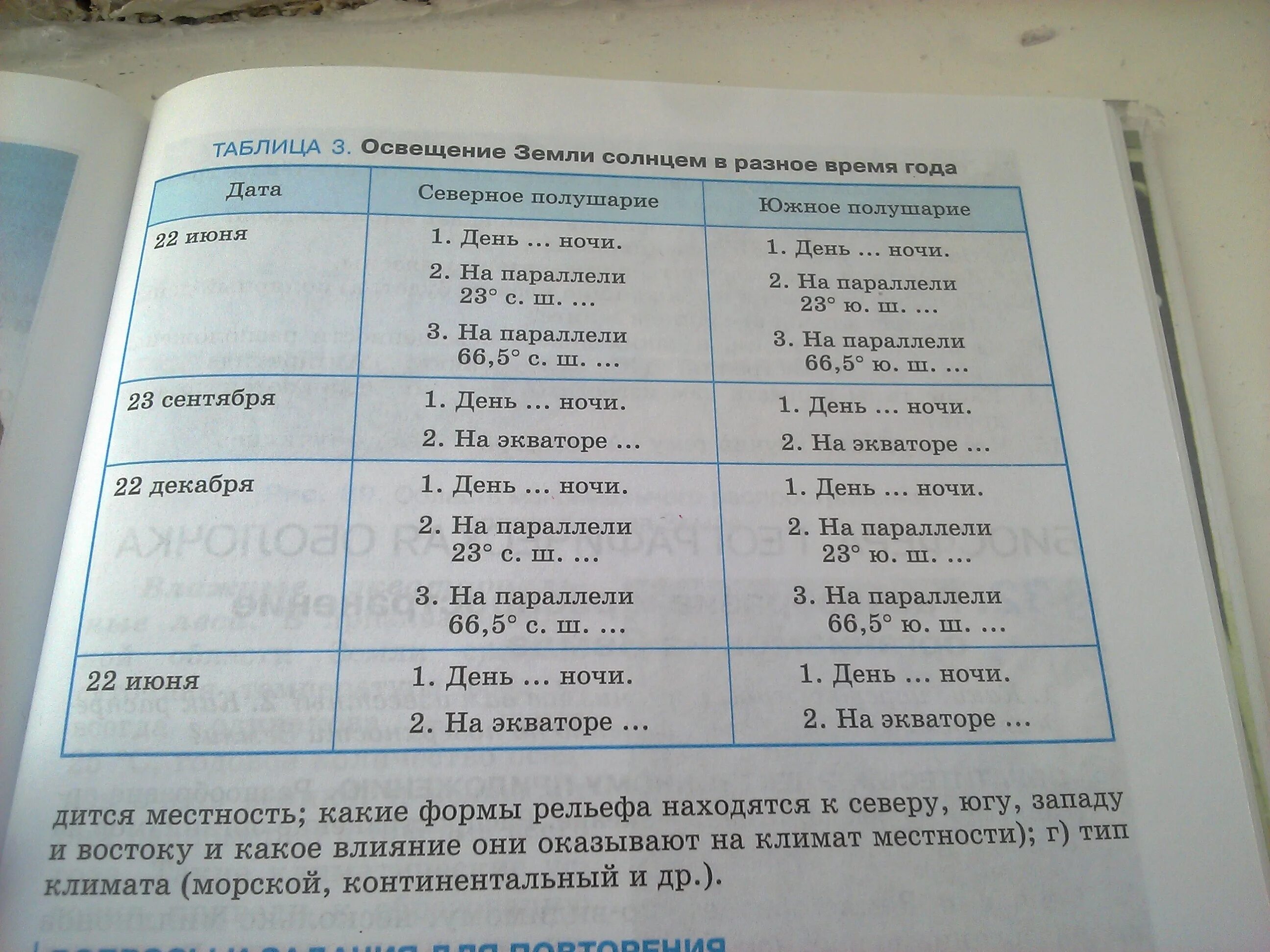 Время года география 6 класс. Освещение земли солнцем таблица. География 6 класс таблица 3. Освещение земли солнцем в Разное. Таблица освещение земли солнцем в Разное.